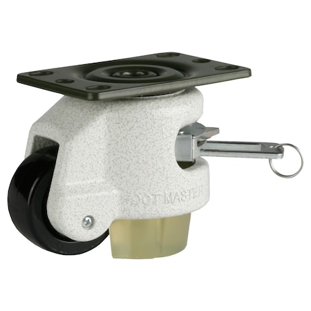 Foot Master Leveling Caster, Ratchet, 50 mm Nylon Wheel, 2-1/2 x 3-1/4 Plate, Swivel, 250 kg Cap, PU Pad, Ivory GDR-60-F-NYN-CUR-PUS